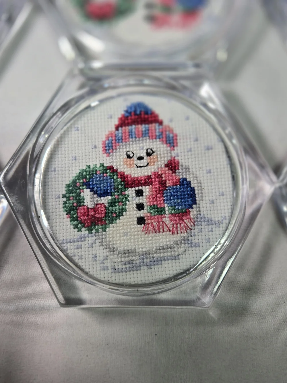 Vintage Set of 6 Clear Acrylic Hexagon Christmas Coasters Cross Stitch Cottage